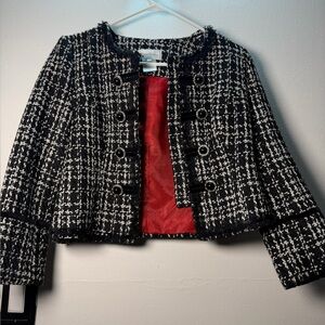 Costa Blanca Black & White Tweed Cropped Blazer with Red Lining